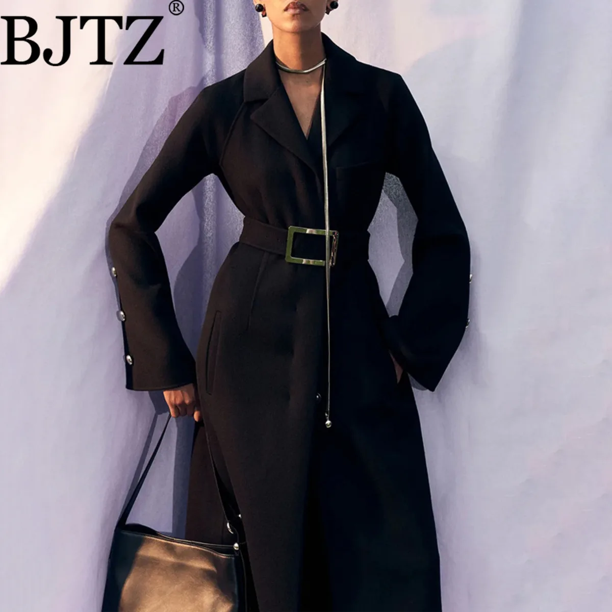 

BJTZ Classic Silhouette Coat For Women 2025 Autumn New Turn-Down Collar Loose Tie-Style Mid-Length Trench Coat
