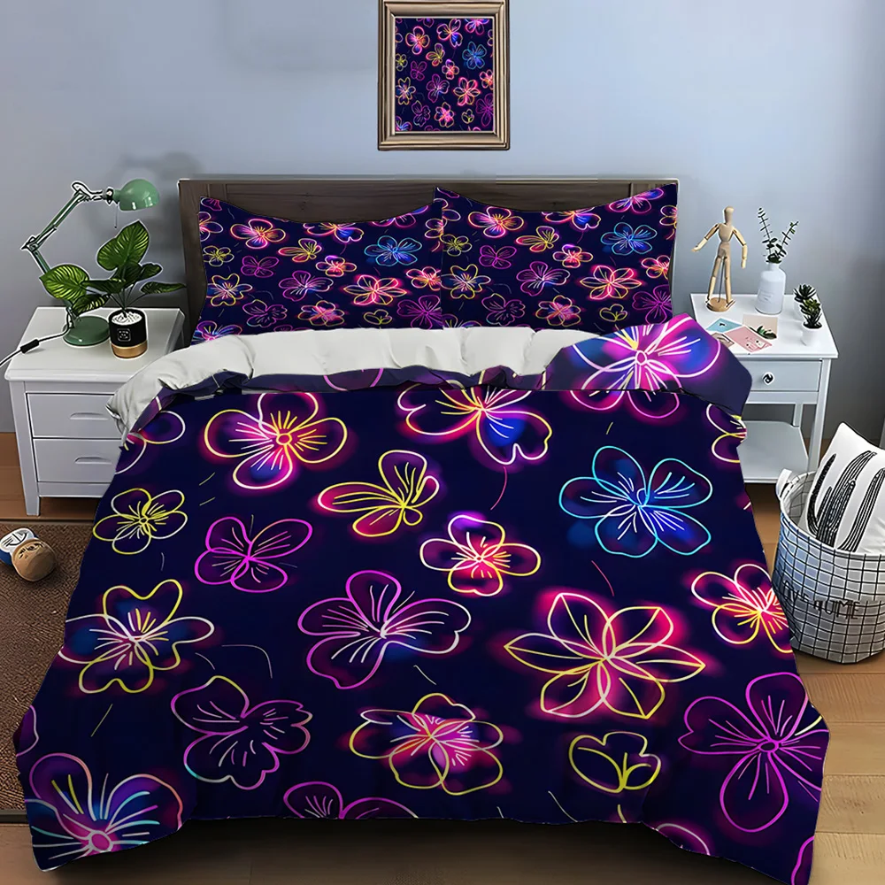 Neon hand-drawn flower pattern Print Bedding Set 1 Duvet Cover 2 Pillowcases for Adult and Children Luxury Gift Full Size