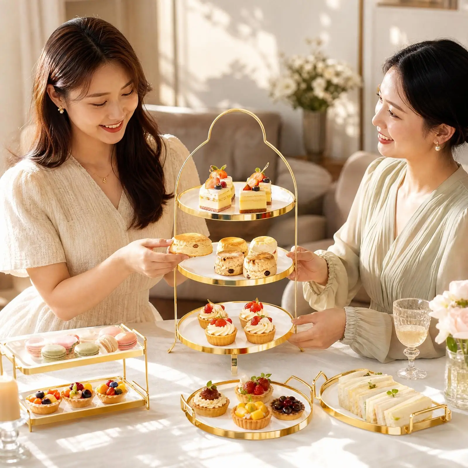 Ceramic Serving Cake Stand with Metal Gold Display Rack for Pastry Dessert Table Showcase