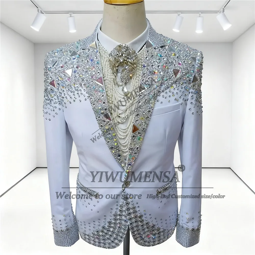 الفاخرة الماس مطرز دعوى الملابس للرجال 2 قطع الزفاف العريس البدلات الرسمية مخصصة واحدة الصدر حفلة موسيقية الحلل زي أوم