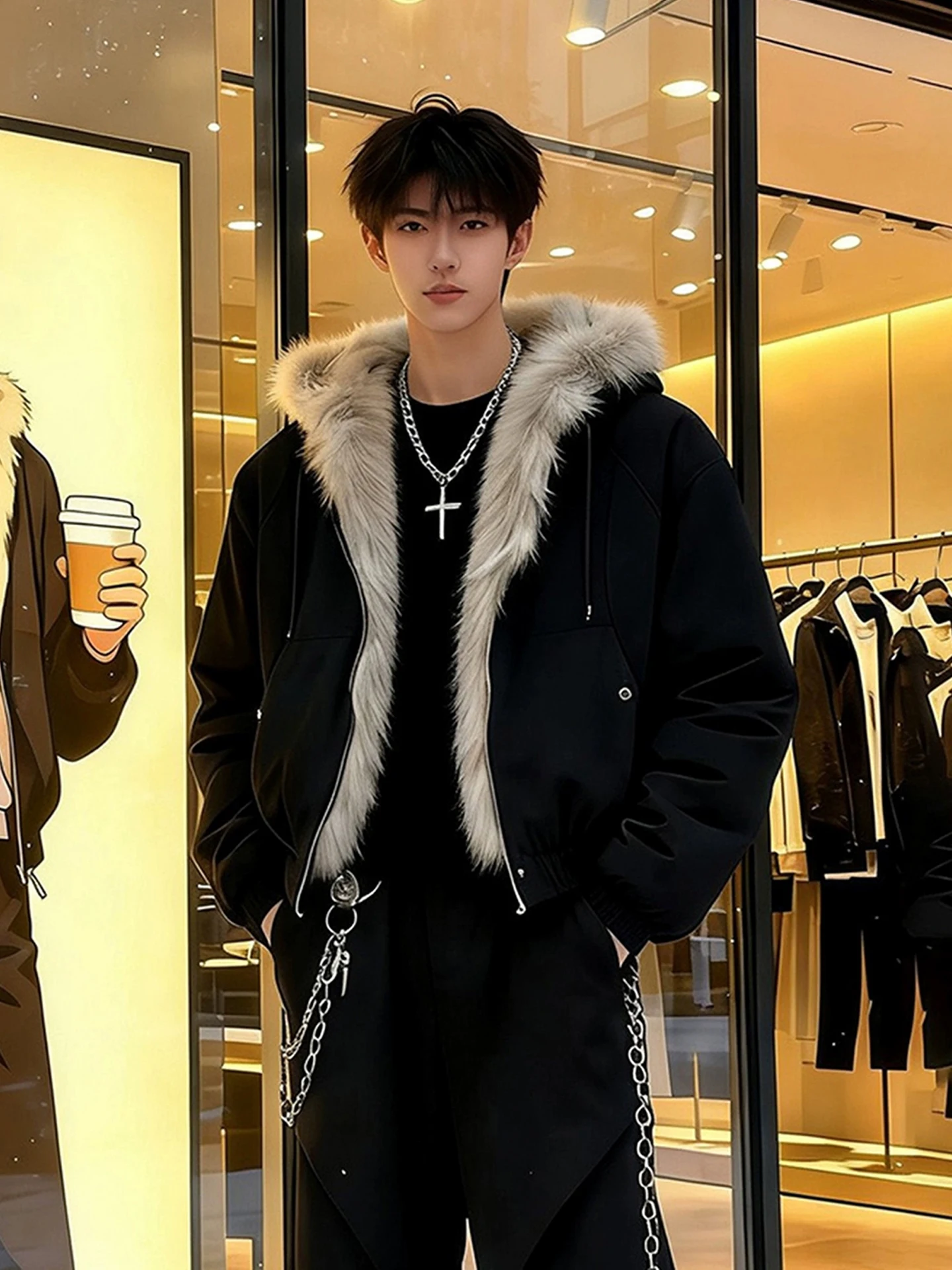 

Мужское зимнее пальто Bla American Sle Thiened из хлопка с капюшоном и меховым воротником, молодежное модное повседневное пальто на молнии для отдыха...