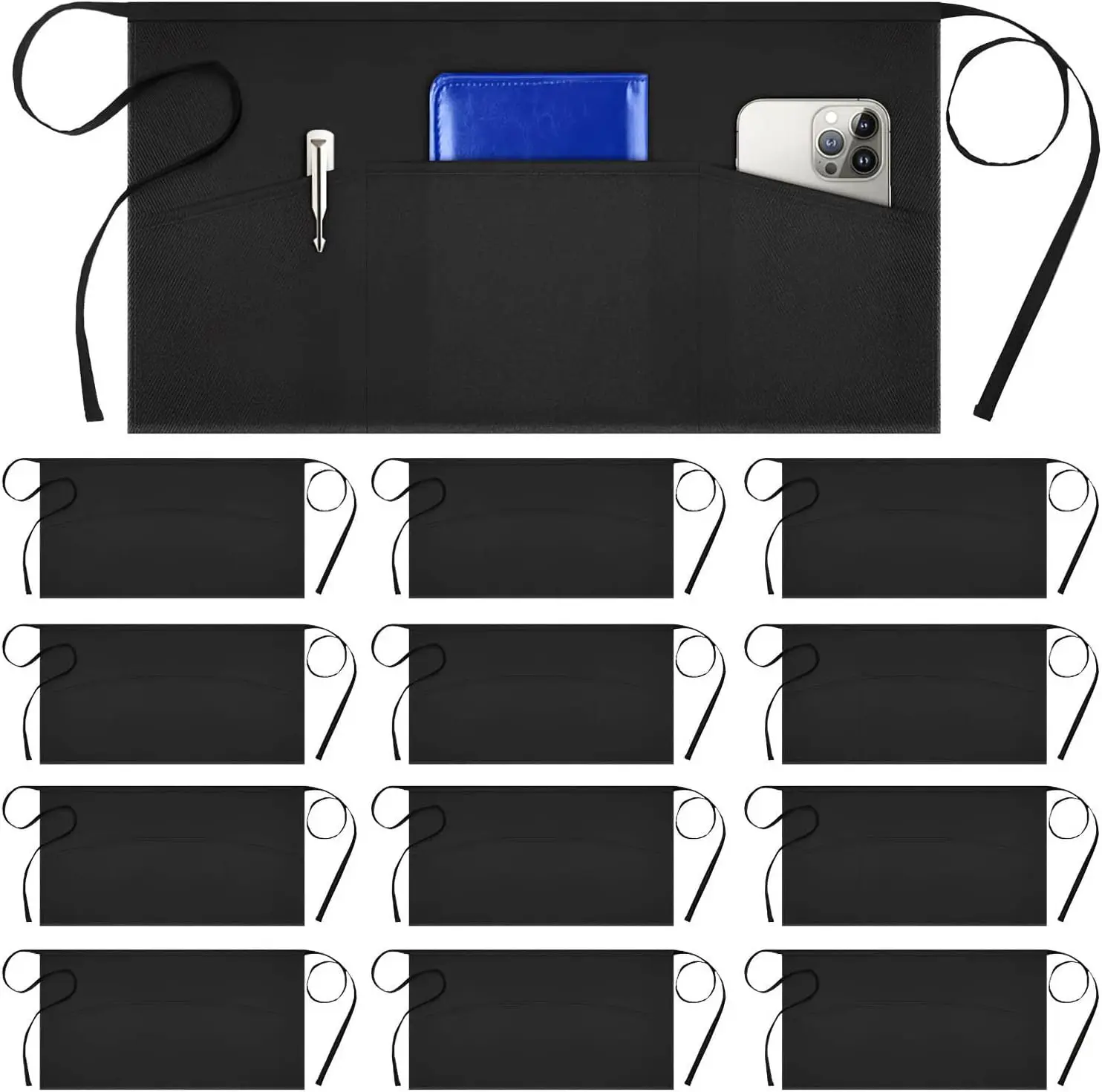 

Набор из 12 фартуков для официантов с 3 карманами, водоотталкивающий, черный, 11,5 дюймов