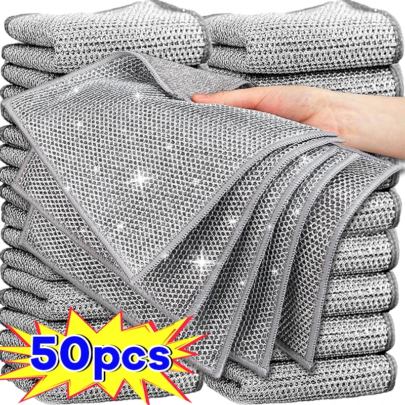 50/1pcs Metal Steel Wire Rags for Kitchen Pot Pan Dishwashing Cleaning Cloths Double-sided Dishcloth Towels Scrubber Cloth Rag