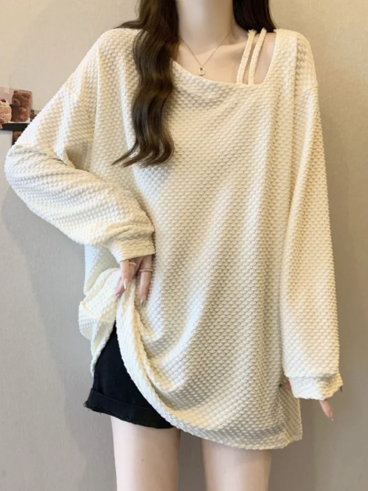 

Новая футболка с длинными рукавами, весенняя кавайная свободная нерегулярная открытая ключица с длинными рукавами, модные топы с допамином, новый стиль, оптовая продажа