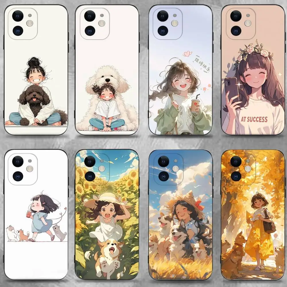 

Cute Kid Girl Dog Phone Case For iPhone 16,15,14,13,12,11 Plus,Pro Max,XS,X,XR,SE,Mini,8,7,Soft Silicone Black Cover