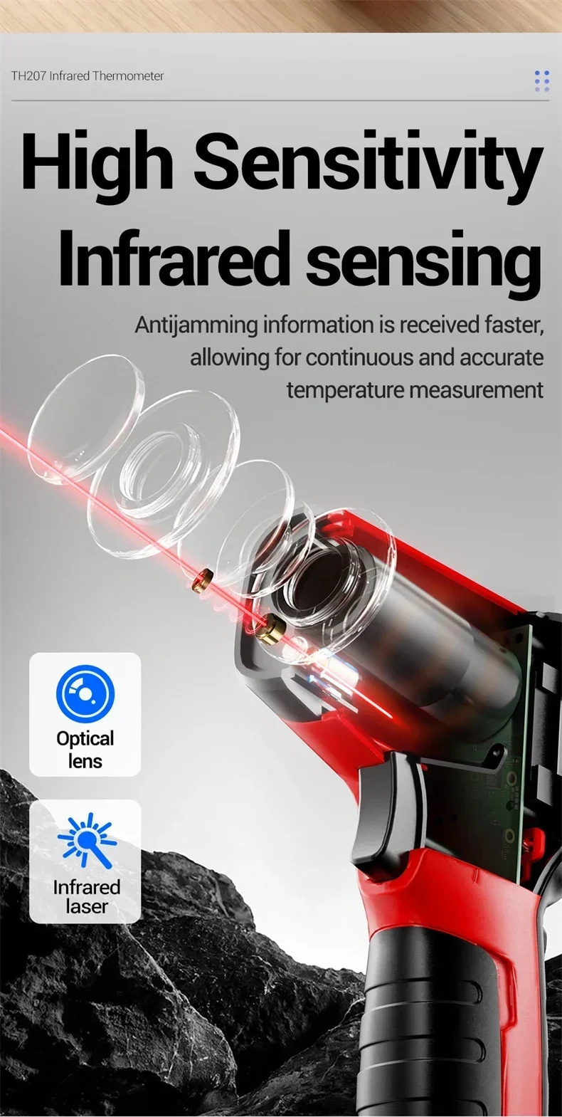 Infrarot-Laserthermometer -50~400 ° C Wiederaufladbares ANENG TH207 Hochsensibles Industriequalitäts-Berührungsloses Digitalprüfgerät – Detail 11