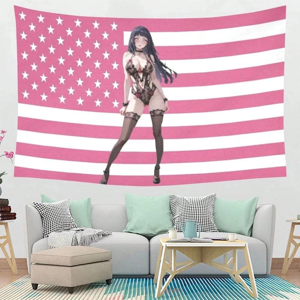 Vibrant Anime Girl Pink American Flag Tapestry Aesthetic Bedroom Dorm Wall Decor Soft Polyester Durable Indoor Outdoor