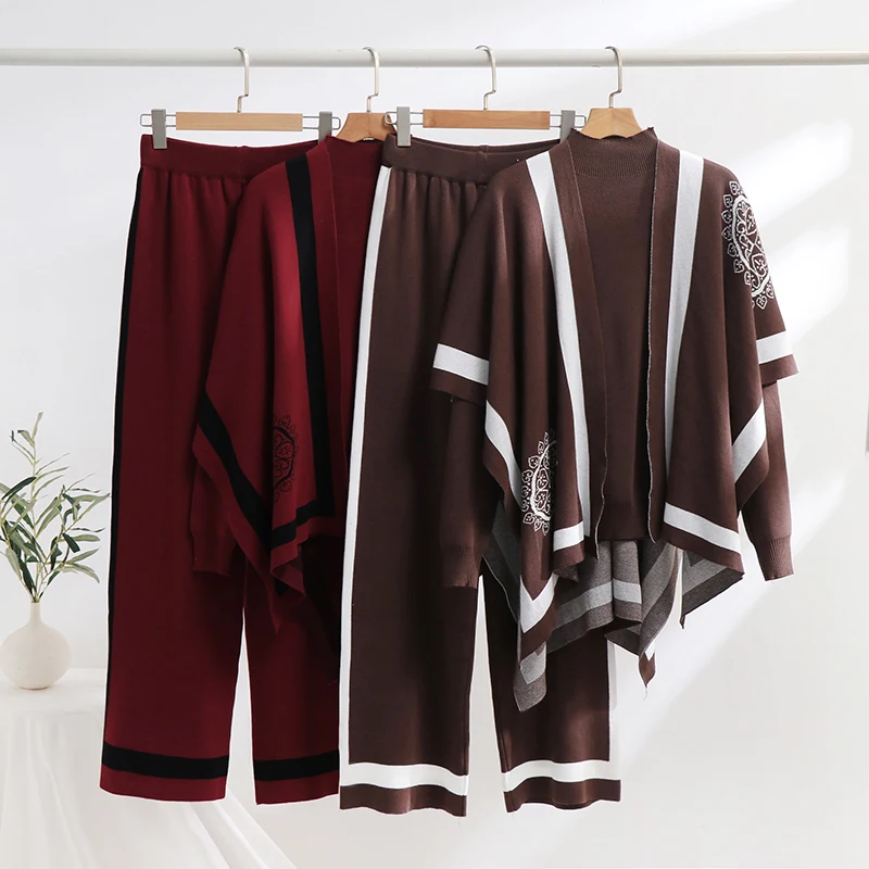 Elegant Floral Stamp Knitted Three-Piece Suit Autumn Winter Knit Top and Wide Leg Pants Set Casual 3 Piece Shawls Set For Women