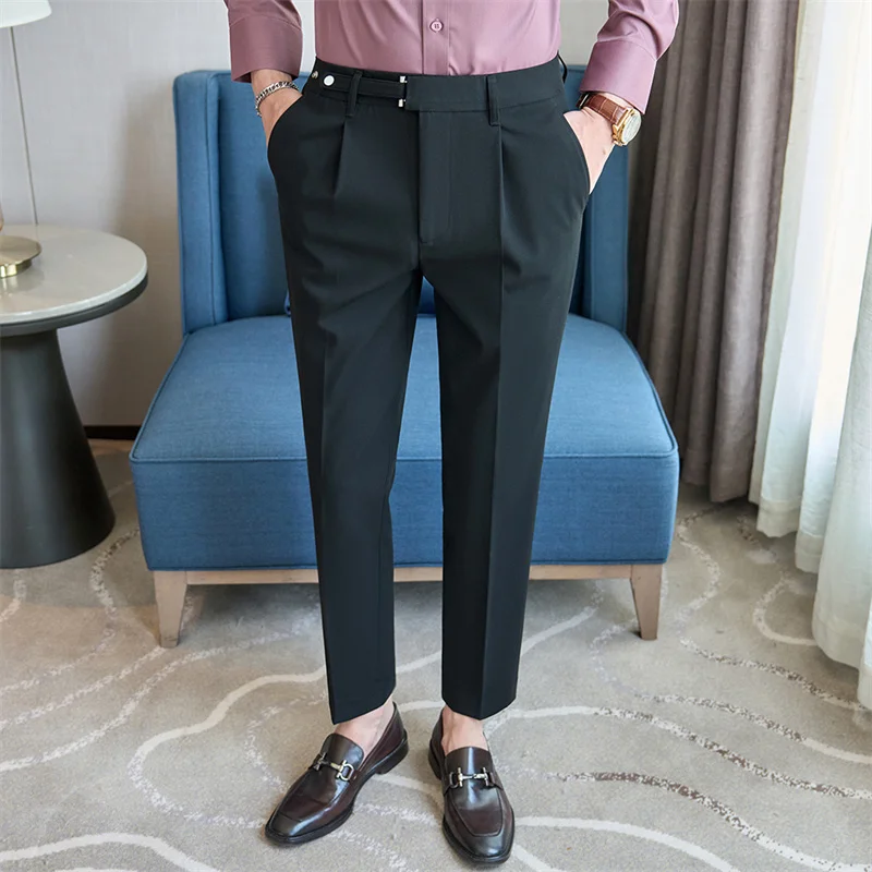 New Men Business Social Solid Colour Suit Pants Fashion Homme Wedding Prom Party Dress Slim Fit Trousers