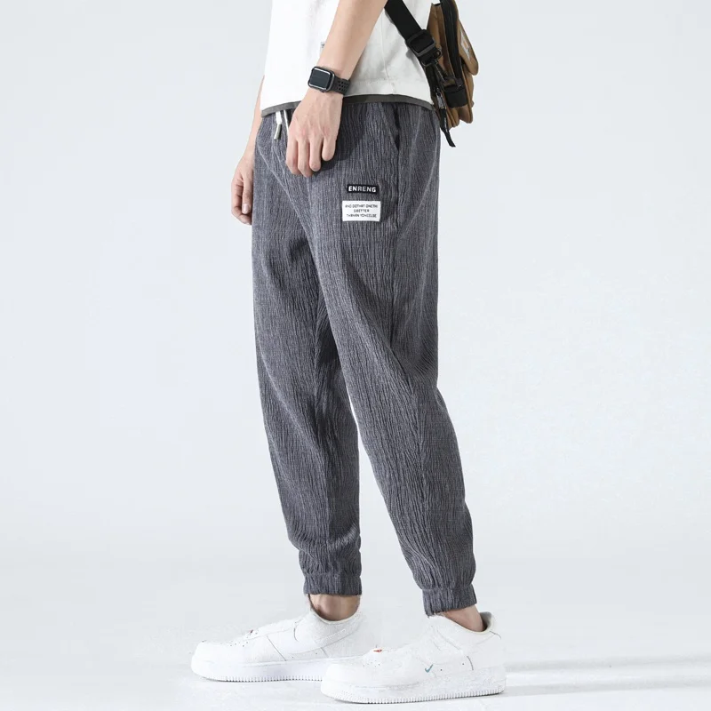Ice Silk Casual Pants for Men Summer Thin Linen Cotton Sports Loose Cuffed Breathable Summer Trousers Loose Elastic Waist