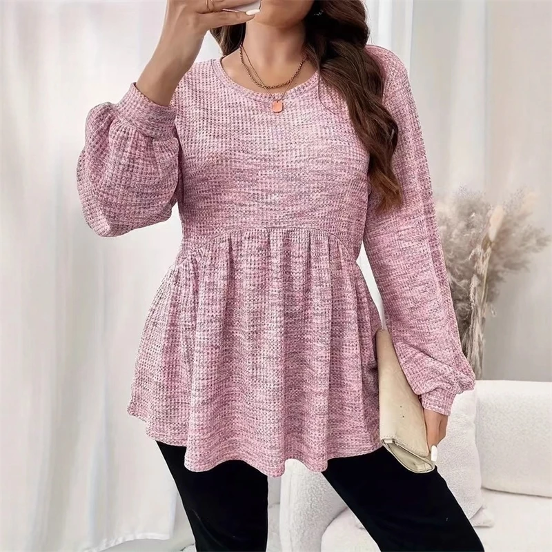 Women's Waffle Knit Babydoll Top Casual Round Neck Puff Long Sleeve Peplum Blouse Loose Fit Tunic
