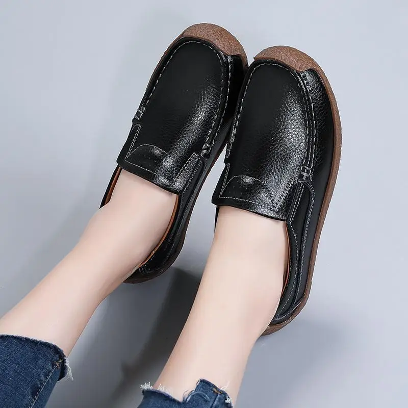 Mokasin Flat Loafer Flat Single Women's Summer 2025 Genuine Leather Soft-soled Granny Shoes