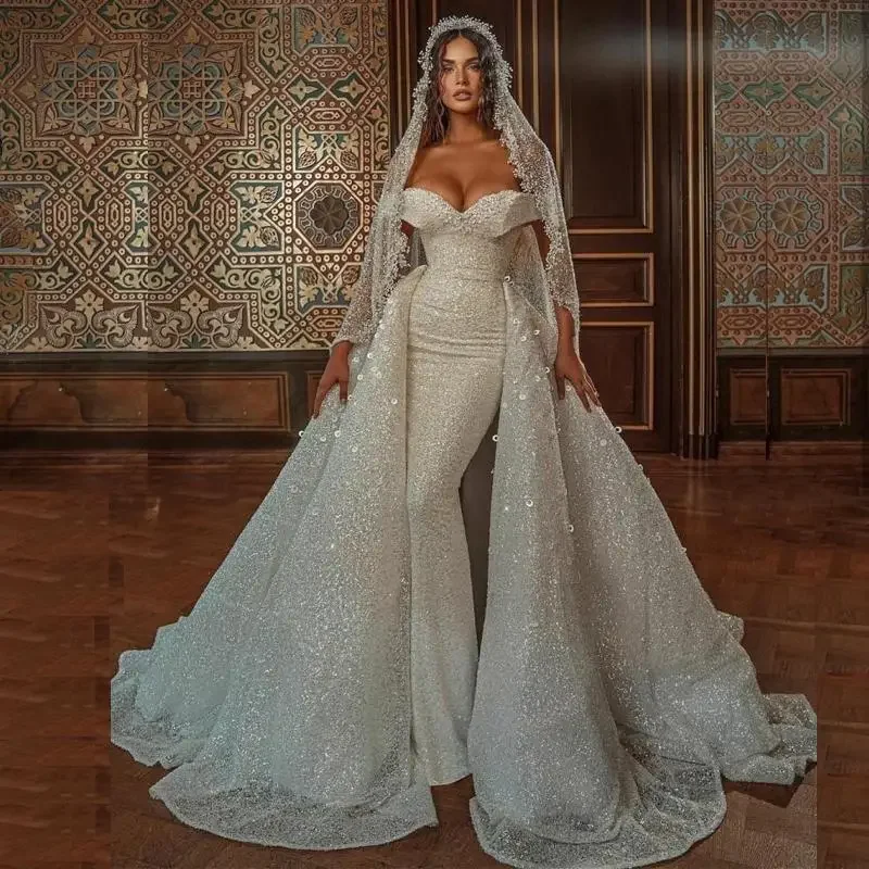 Abiti da sposa castello sirena con paillettes personalizzati con spalle scoperte treno staccabile perle abiti da sposa arabo Dubai abiti De