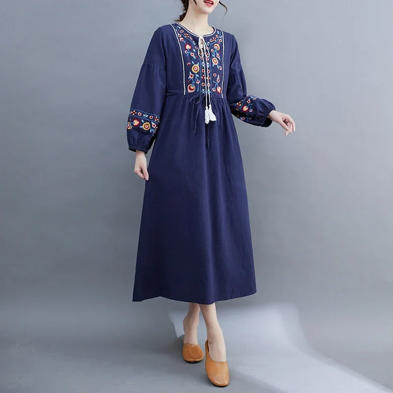 Embroidery Chinese Style Women's Dresses New Cotton Linen Three Quarter Summer FASHION Women Vintage Loose Clothing