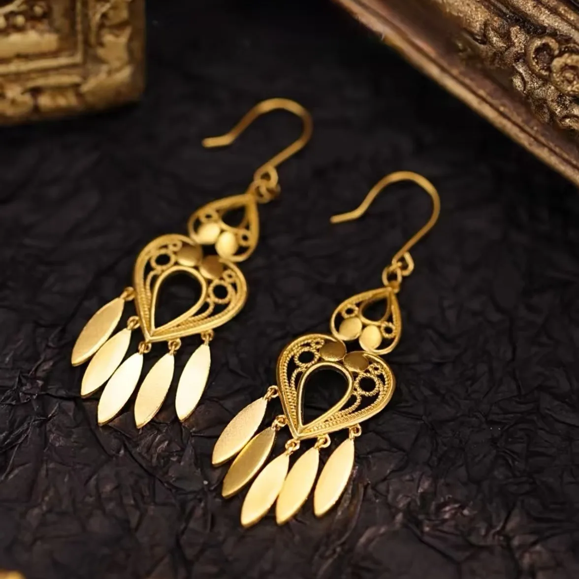

Luxury 24K 9999 Pure Gold real gold Women's peacock tail earrings Chinese ethnic style earrings