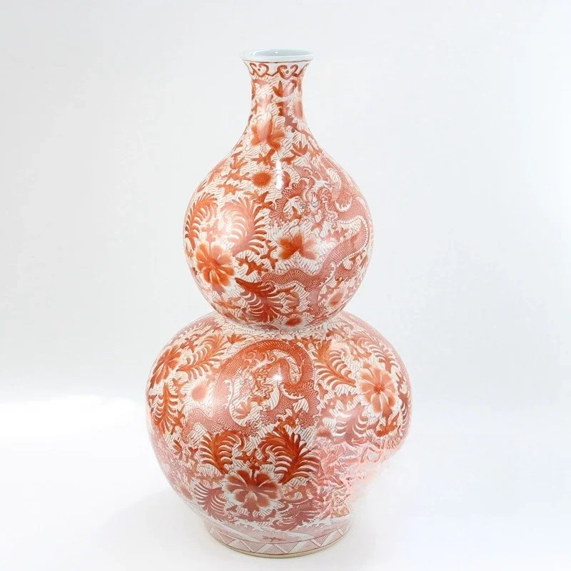 مزهرية عتيقة مرسومة يدويًا بنمط تنين أحمر لوتس بركة سمك الشبوط من السيراميك والخزف القديم العتيق