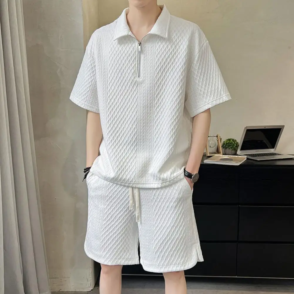 T-shirt Shorts Set Men's Casual Outfit Lapel Zipper T-shirt Elastic Waist Shorts Set Stylish Solid Color Waffle Texture