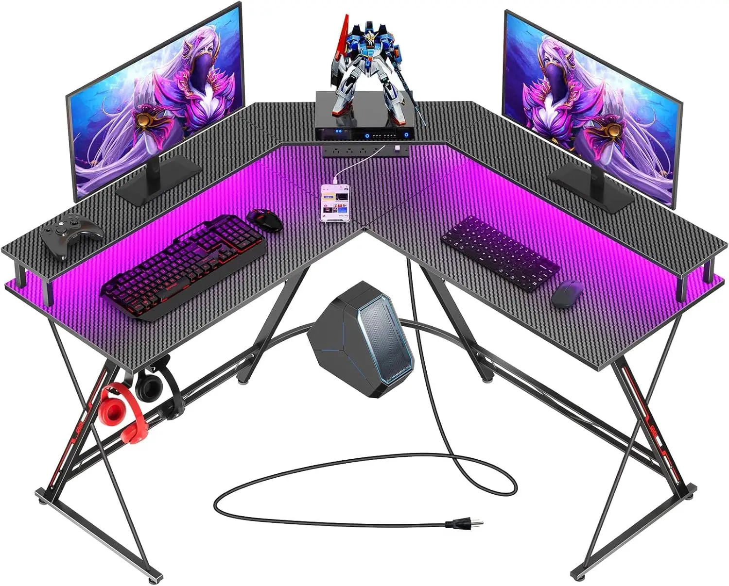 

L-shaped gaming table with LED lights and power sockets, 50.4-inch computer desk with monitor stand and carbon fiber surface