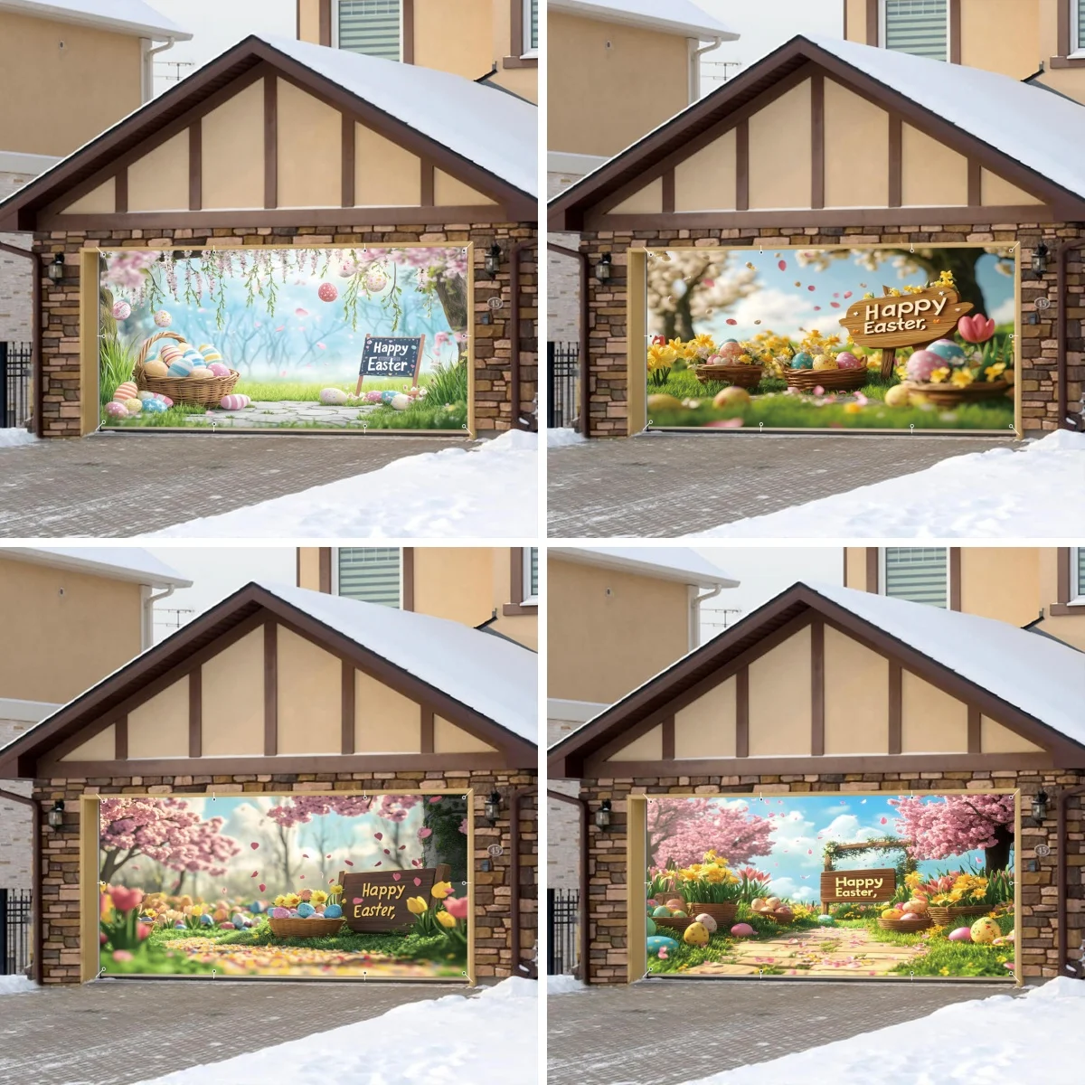 

Пасхальный пасторальный фон для гаражных ворот: Весеннее цветочное поле, яйца на Пасху, декор для уличной вечеринки, фотофон, подвесной баннер
