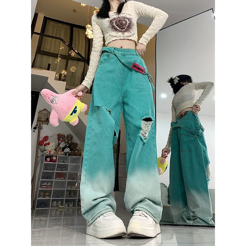 2026 Sweet Cool Style Jeans Woman Broken Hole Straight Wide Leg Pants Casual Niche High Waist Pants Women