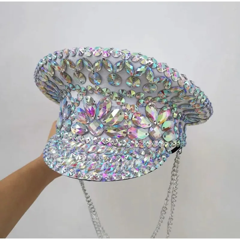 

Adult Silver Rhinestone Captain Military Hat Carnival Cap Stage Performance Wear Bride Luxury Party Show Wear Women Handmade