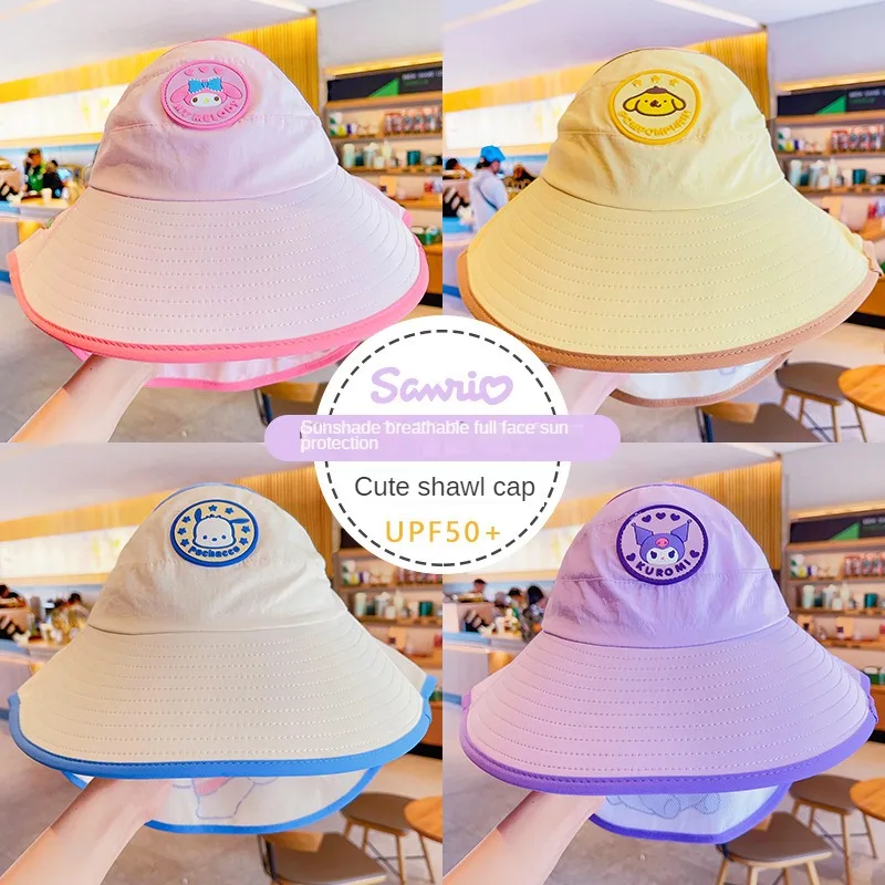 Sanrio Sun Hat for Kids Kuromi Hello Kitty UV Protection Summer Hat Beach Play Hats Wide Brim Neck Flap Kawaii Anime Gift