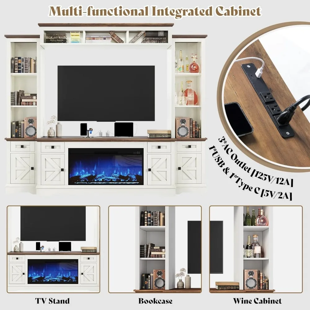 مركز ترفيه على طراز المزرعة مقاس 98 بوصة مع مدفأة وحامل تلفزيون ورف كتب وخزانة مشروبات لأجهزة التلفاز مقاس 75 بوصة