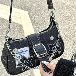 Y2k Fashion Women's Handbags Stars Pattern Cool Girls Underarm Bag Fashion Canvas Female Small Shoulder Bags Chain Tote Purses