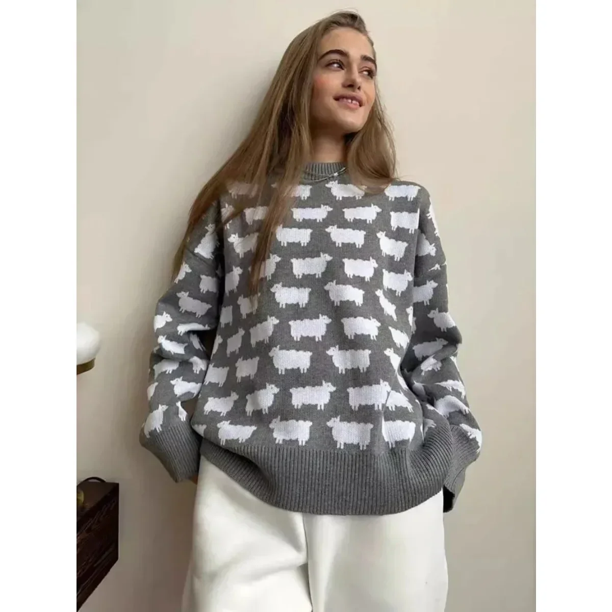 Zekye Autumn Winter Retro Sweater O-neck Alpaca Printed Sweater Women's Loose Casual Mid Length New Warm Pullover Top 2024