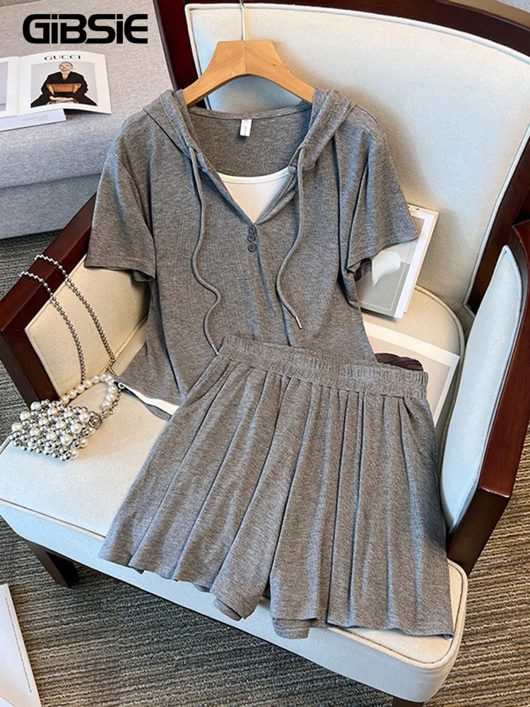 GIBSIE Plus Size Solid Drawstring Hooded Short Sleeved Top Summer Elastic Waist Shorts Women Sporty Casual Two Piece Set Outfit