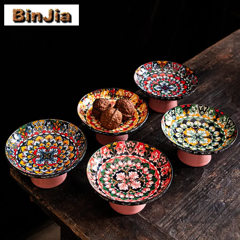 Colour Enamels Flower High Footed Fruit Dishes Traditional Pastry Plate Dessert Tray Cake Display Stand Plates for Food Craft