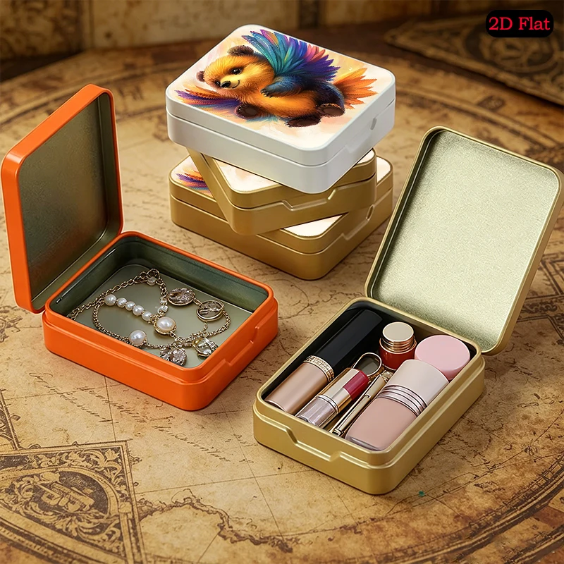 Rainbow Winged Bear Theme Portable Travel Flip Top Tin Box, UV Printed Custom Pattern Tinplate Box, Personalized Photo
