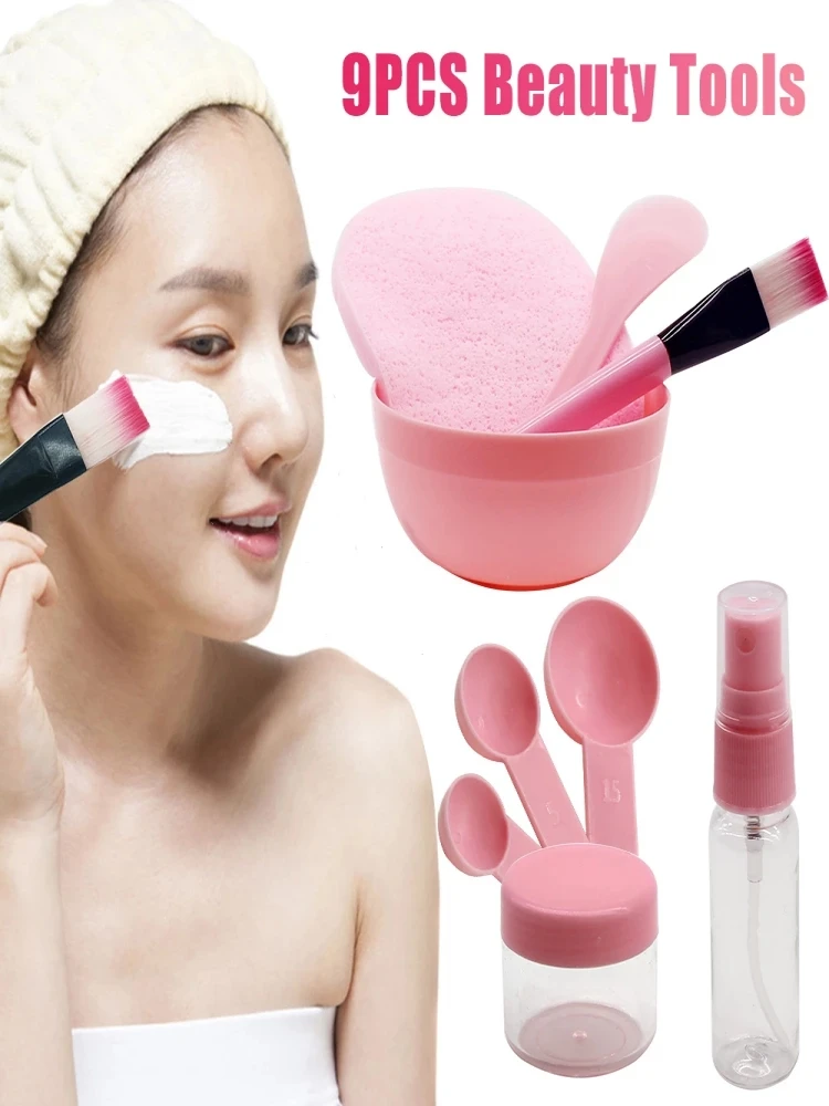 9Pcs/Set Women\'s DIY Face Mask Mixing Bowl Set Mask Brush Mixing Stick Spoon Facial Skin Care Mask Tools Kit Beauty Supplies