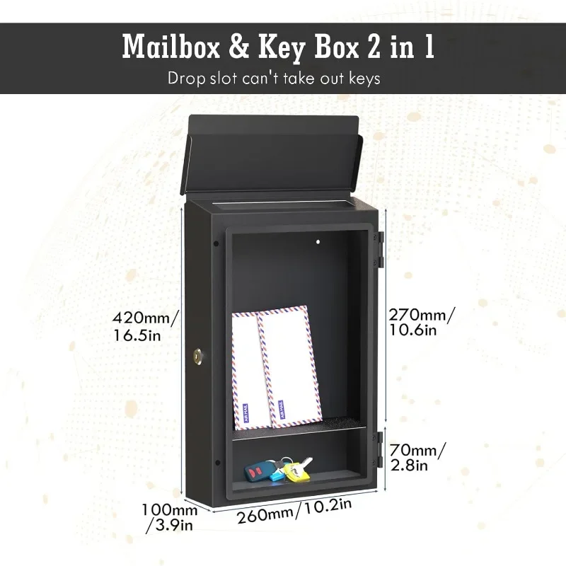 Wall Mount Locking Postbox,Key Drop Box com Bloqueio Eletrônico, One Time Code, APP Bluetooth, Wi-Fi, Código Fixo, Key Unlock