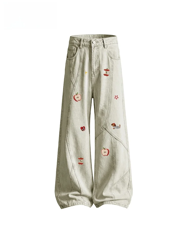 Calças Jeans Estilo Americano Charles Heart com Estampa Divertida de Cachorro, Patchwork, Corte Solto e Perna Reta para Homen...