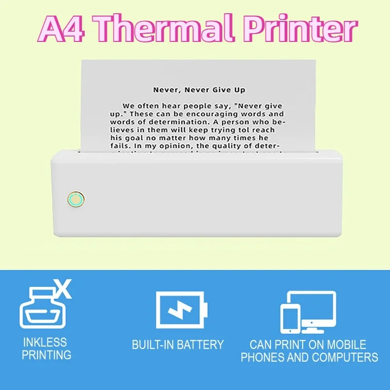 Portable A4 Thermal Printer Wireless Printing Machine Bluetooth Inkless Portable Printer for Contract PDF Document Photo Picture