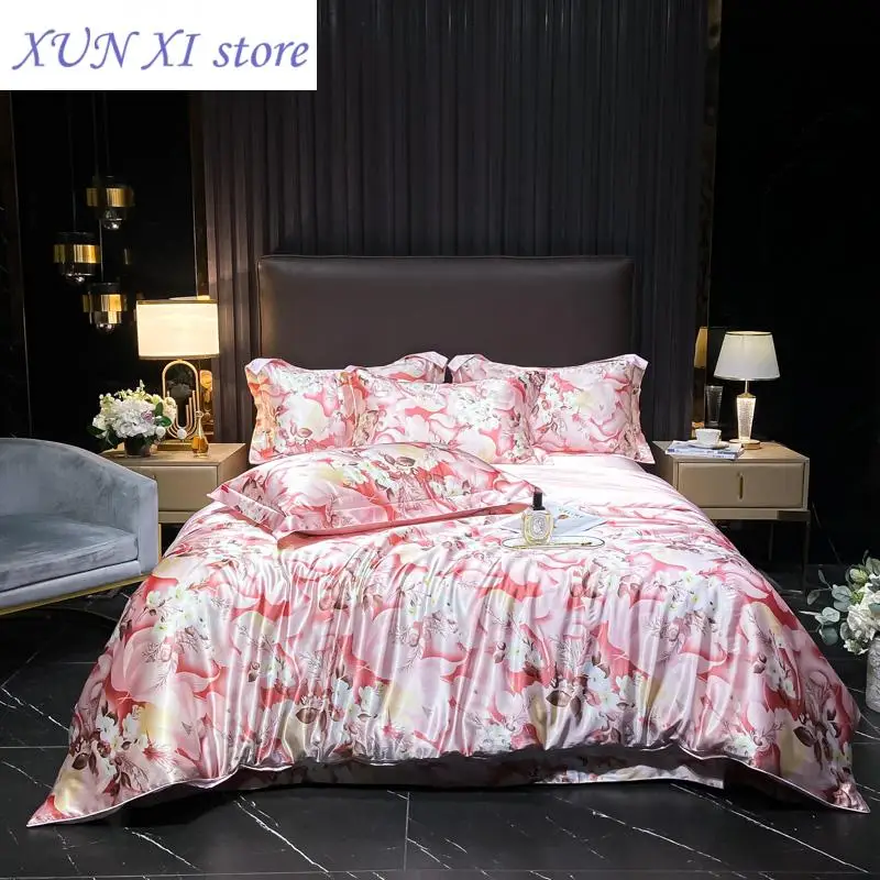 Floral Pattern Mulberry Silk Bedding Set Luxury High-End Duvet Cover Bed Sheet Pillowcase Smooth Comforter Quilt Cover Bedsheet