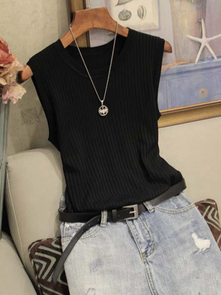 Knitted Vests Women Top O-neck Solid Tank Fashion Female Sleeveless Casual Thin Tops 2024 Summer Knit Woman Shirt Gilet Femme