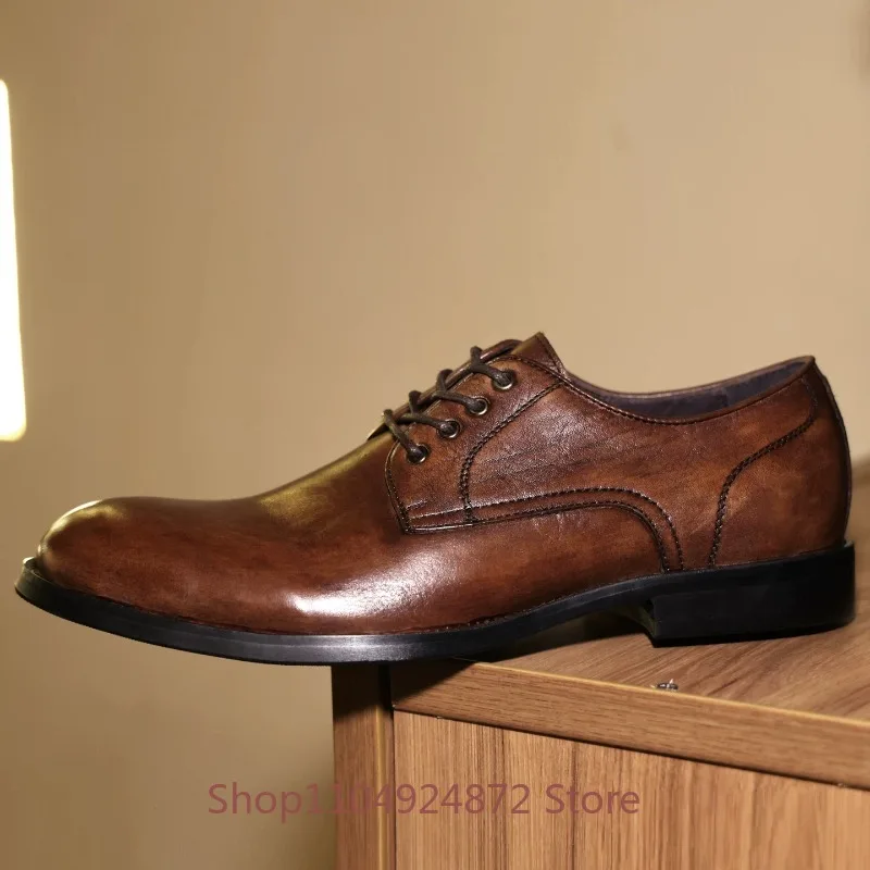 British Business Derby Shoes for Men Genuine Leather Commuting Casual Leather Shoes Male Hand Brushed Wedding Dress Shoes