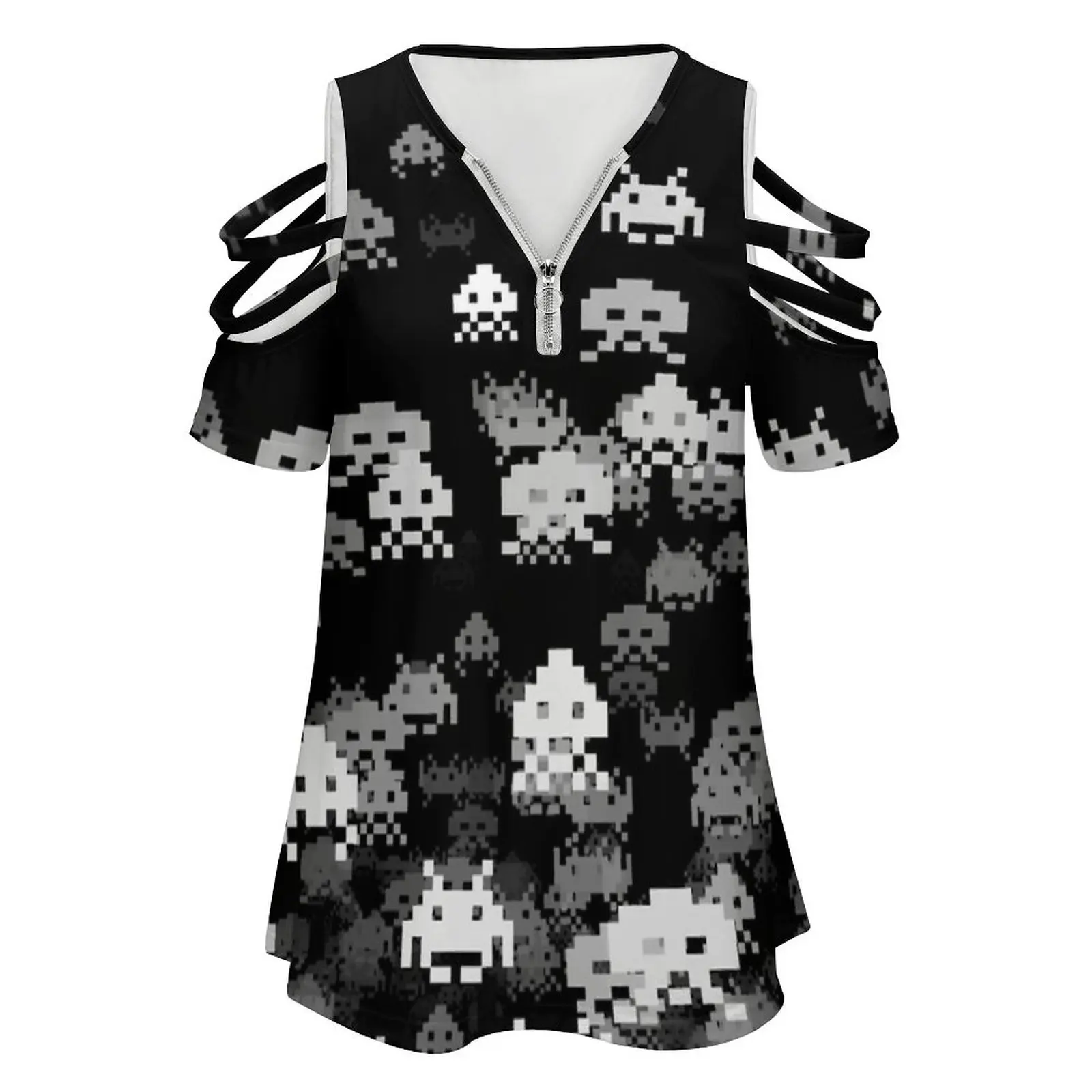 Invaded Black Women's T-Shirt Summer Fashion Print Floral V-Neck Zipper Tshirt Hollow Pullover Ladies Top Ideas Teen Boys Girls