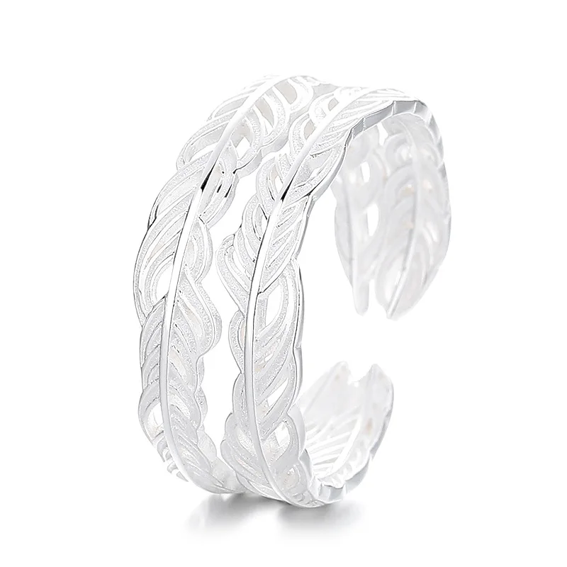 

Ювелирные изделия из стерлингового серебра S925, двухслойное кольцо с перьями для женщин — минималистское, нишевое, штабелируемое кольцо, универсальные ручные украшения