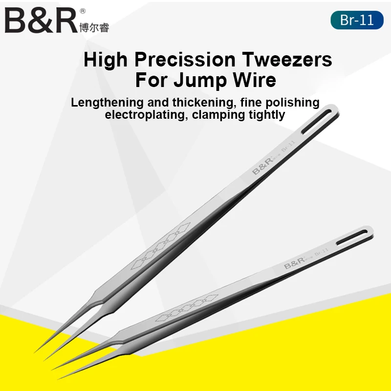 B&R BR-11 Universal Repair Tweezers for Mobile Phone IC Chip Motherboard High Hardness Precision Disassembly Jump Wire Tweezers