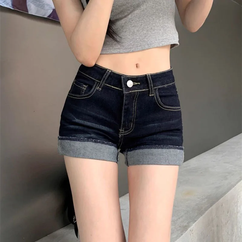 American Retro Edge Curl Jean Shorts Female Sexy Hot Girl Skinny Elastic Denim Shorts Woman Summer Deep Blue Washed Mini Jeans view 2