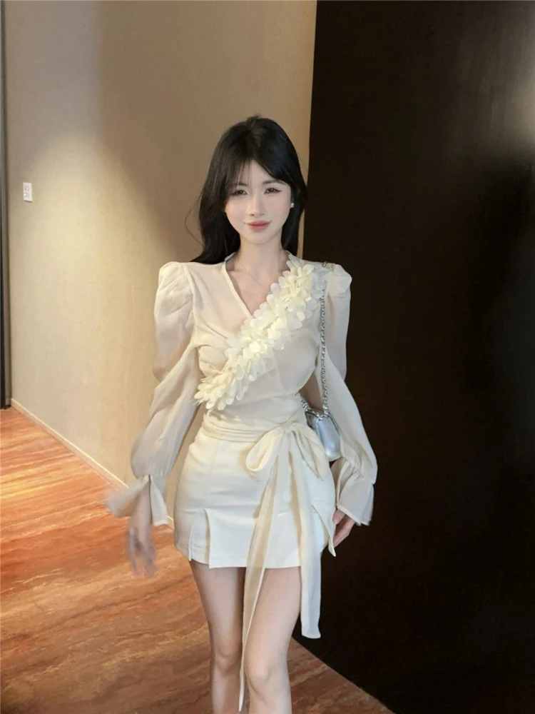 

Женская шифоновая рубашка с французским абрикосовым воротником и пышными рукавами, шикарные топы, темпераментная повязка на талии, тонкая прозрачная блузка