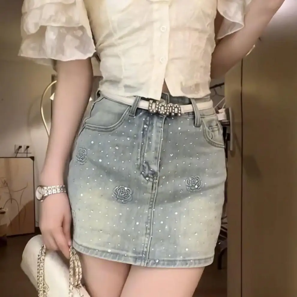 Hot stamping denim short skirt, summer heavy-duty full diamond starry rose anti glare A-line hip wrap skirt
