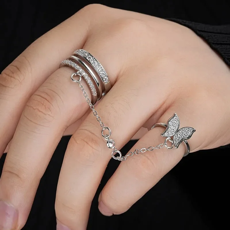 2024 New Personality Double Finger Chain Rings for Women Tassel Butterfly Cross Punk Ring Girls Fashion Hip Hop Jewelry Gifts