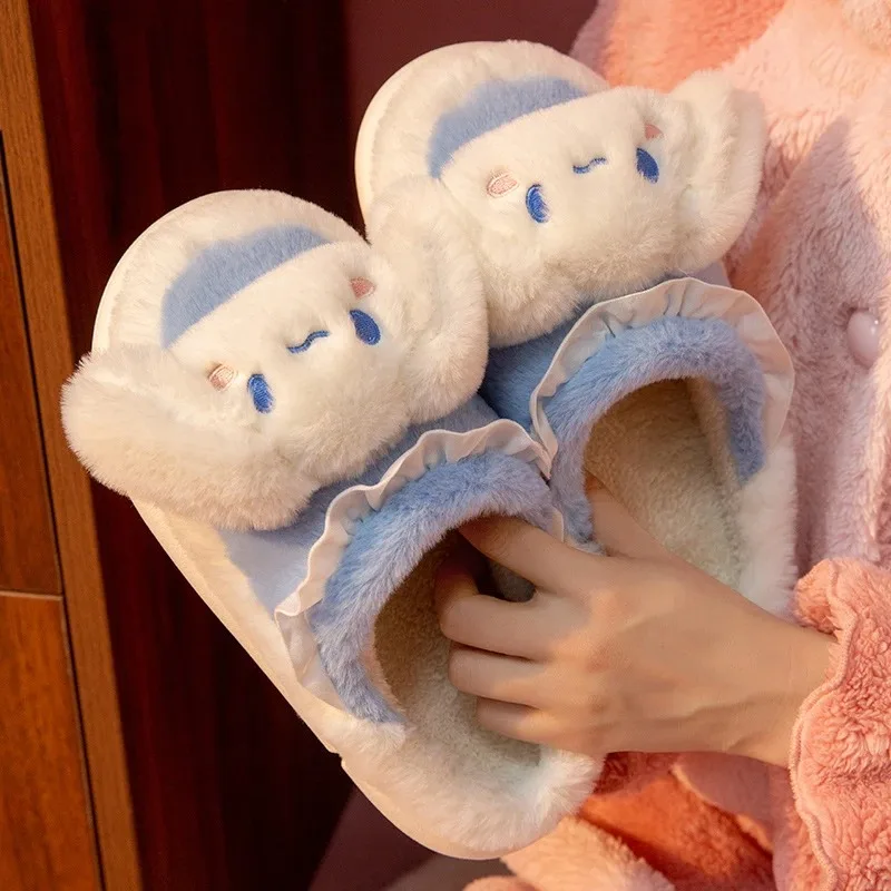 Kawaii Sanrio Kuromi My Melody Home Fuzzy Slipper Cartoon Cinnamoroll Yk2 Women Winter Plush Non Slip Slippers Girl Flat Shoes