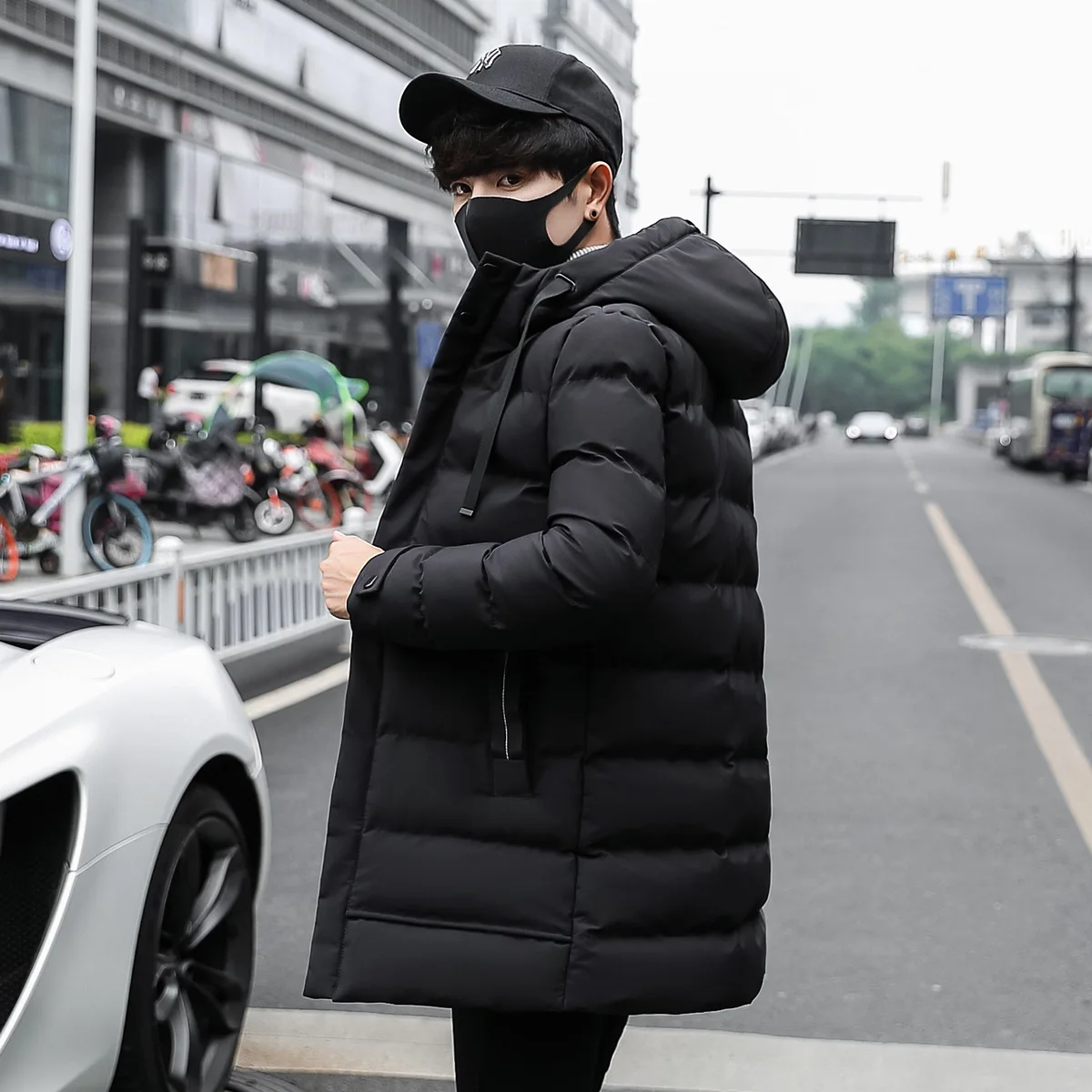 

Winter medium and long thickened warm jacket casual men's hooded cotton jacket coat men winter denim jacket men