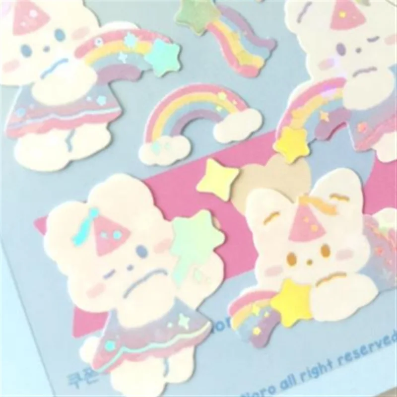 1pc Koreanische Nette Aufkleber Kawaii Bling Bunny Regenbogen Vier-blatt Pudding Aufkleber Wasserdicht Heißer Silber Aufkleber für Student DIY Foto – Detail 4