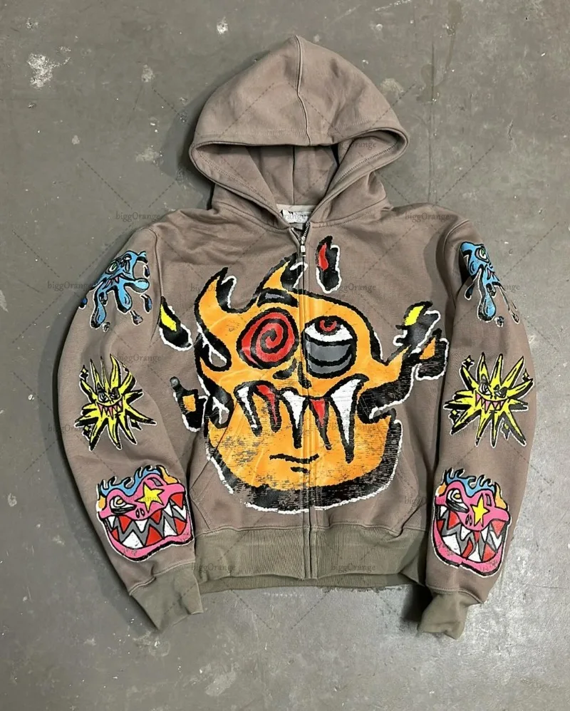 Street Fashion Brand Retro Zipper Hoodie Men  Anime Graffiti Print Oversized Sweatshirt Y2k New Fashion Versatile Jacket Women